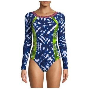 NWT La Blanca Long Sleeve Blue Tropical Tummy Control One Piece Swimsuit 14